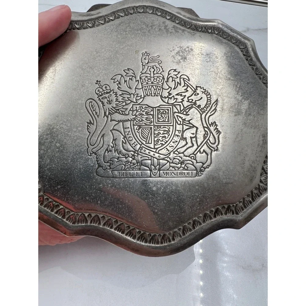 Vintage British Royal Coat of Arms Silver Footed Jewelry Box Red Velvet Lining